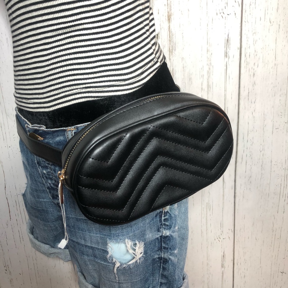 Faux Leather Black Quilted Chevron Belt Bag